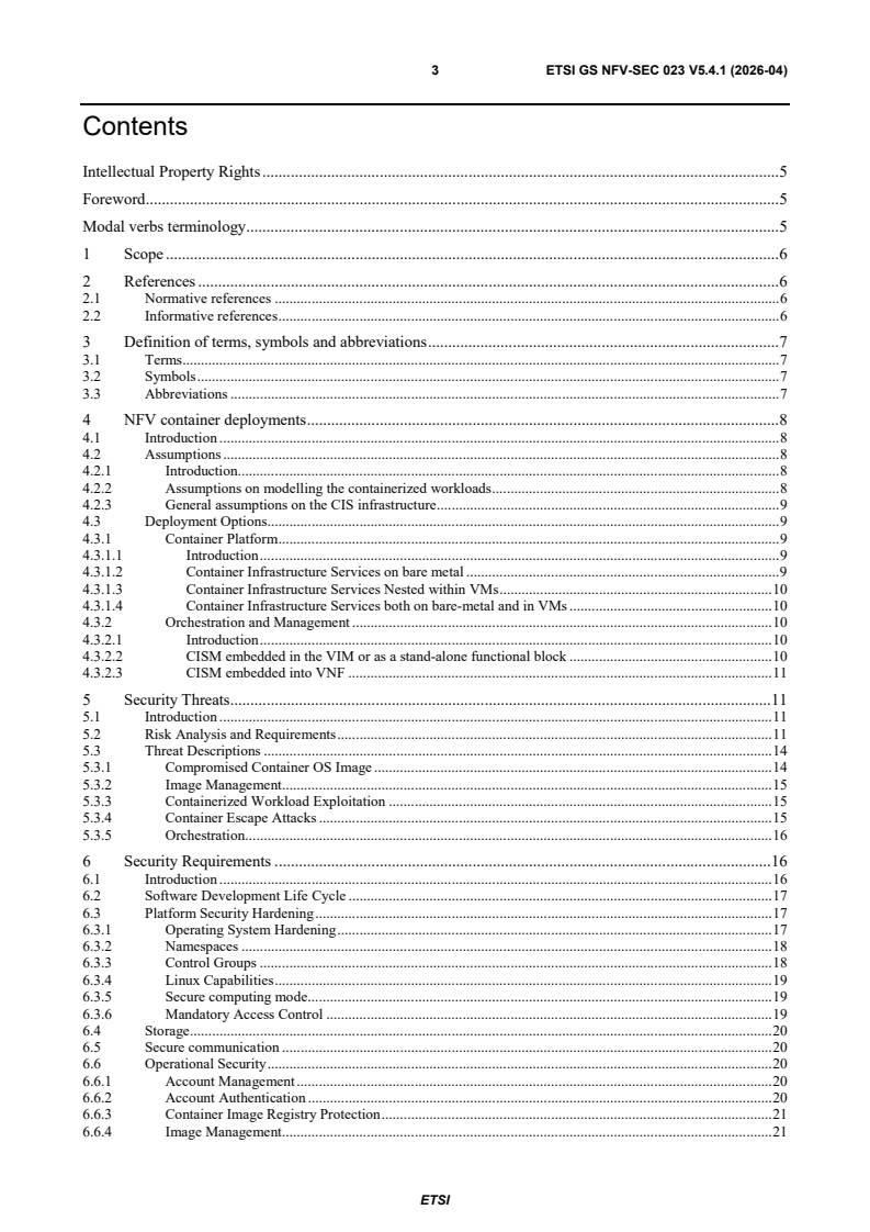 ETSI GS NFV-SEC 023 V5.4.1 (2026-04) ETSI GS NFV-SEC 023 V5.4.1 (2026-04) - Network Functions Virtualisation (NFV) Release 5; Security; Container Security Specification - Page 3 preview