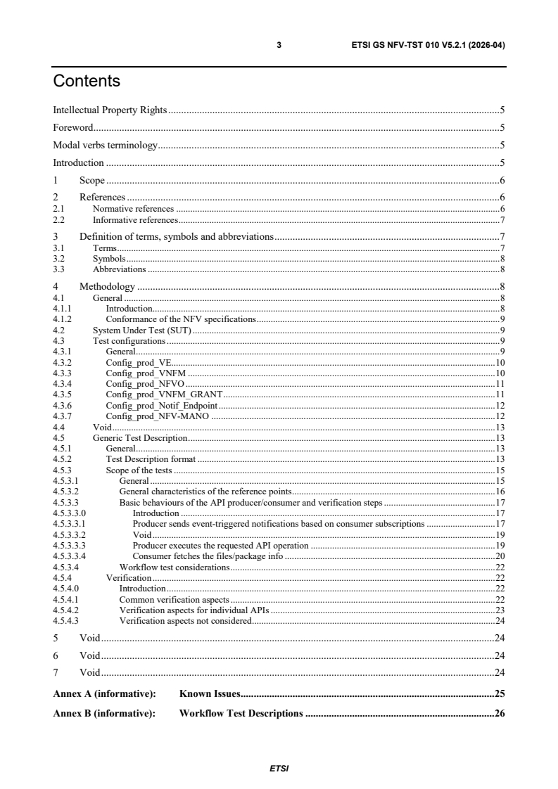 ETSI GS NFV-TST 010 V5.2.1 (2026-04) ETSI GS NFV-TST 010 V5.2.1 (2026-04) - Network Functions Virtualisation (NFV) Release 5; Testing; API Conformance Testing Specification - Page 3 preview