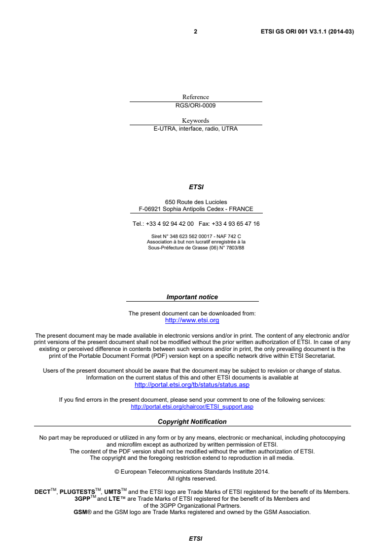 ETSI GS ORI 001 V3.1.1 (2014-03) - Open Radio equipment Interface (ORI); Requirements for Open Radio equipment Interface (ORI) (Release 3)