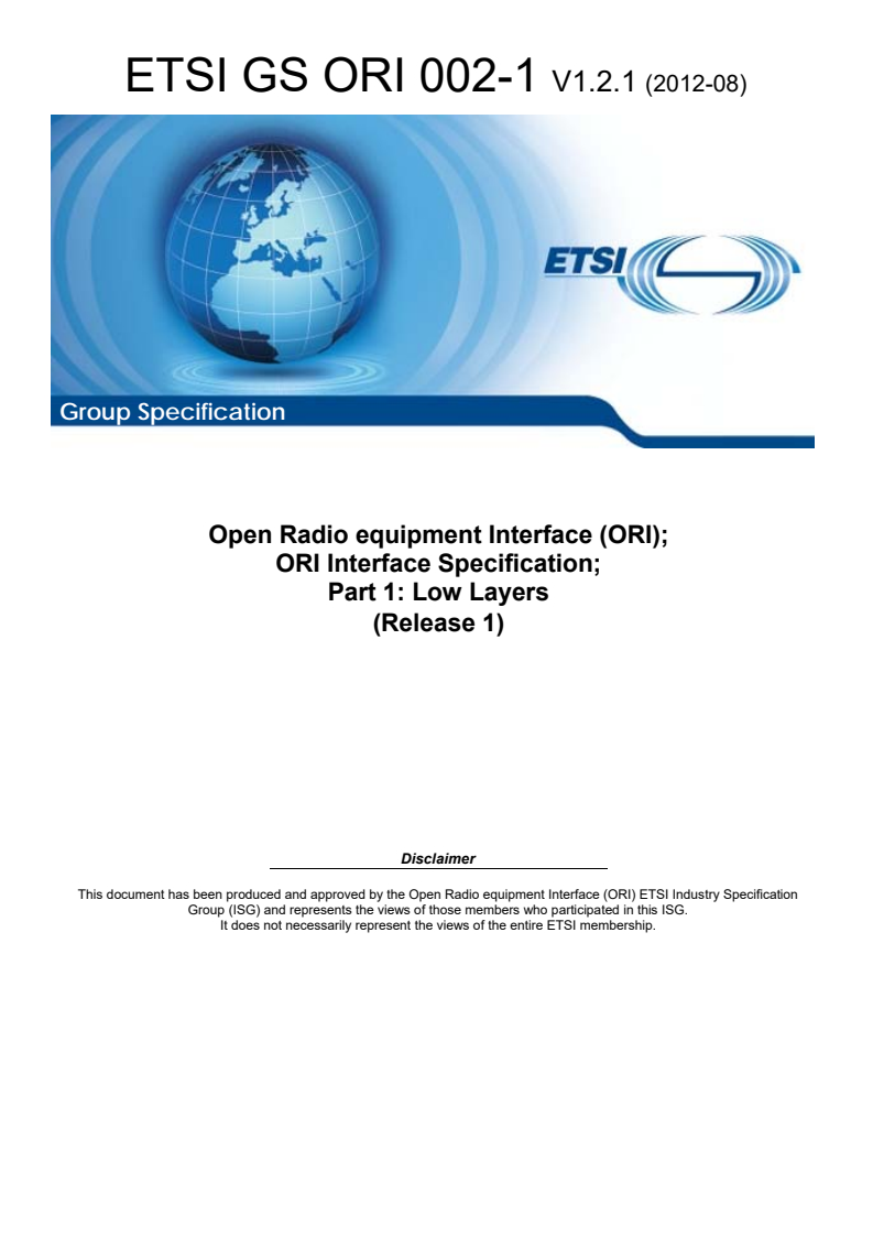 gs_ORI00201v010201p - Open Radio equipment Interface (ORI); ORI Interface Specification; Part 1: Low Layers (Release 1)