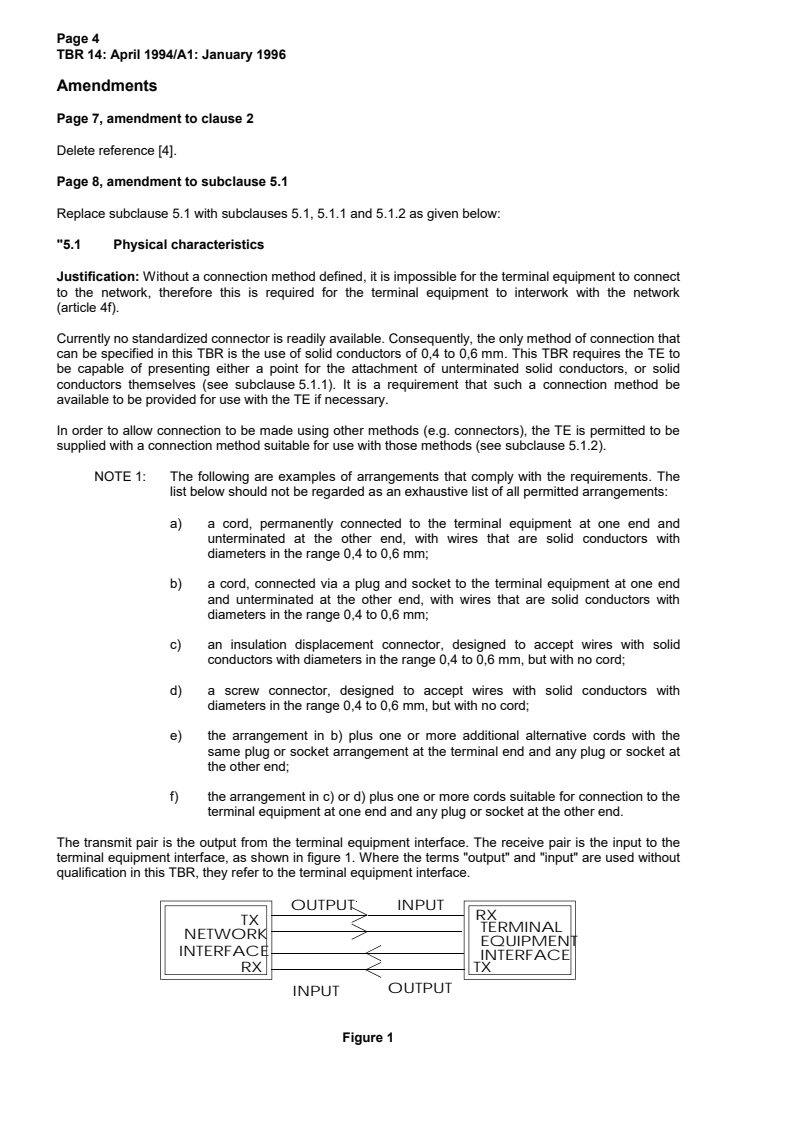 SIST TBR 014 E1:2004/A1:2004 ETSI TBR 014/A1 ed.1 (1996-01) - Business TeleCommunications (BTC); 64 kbit/s digital unrestricted leased line with octet integrity (D64U); Attachment requirements for terminal equipment interface - Page 4 preview