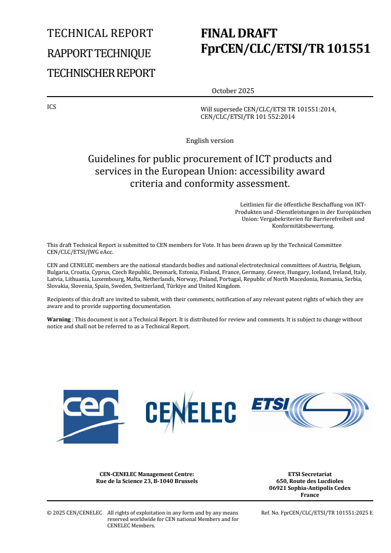 ETSI TR 101 551 V2.1.0 (2025-10) - CEN / CLC / ETSI Guidelines for public procurement of ICT products and services in the EU; Accessibility award criteria and conformity assessment