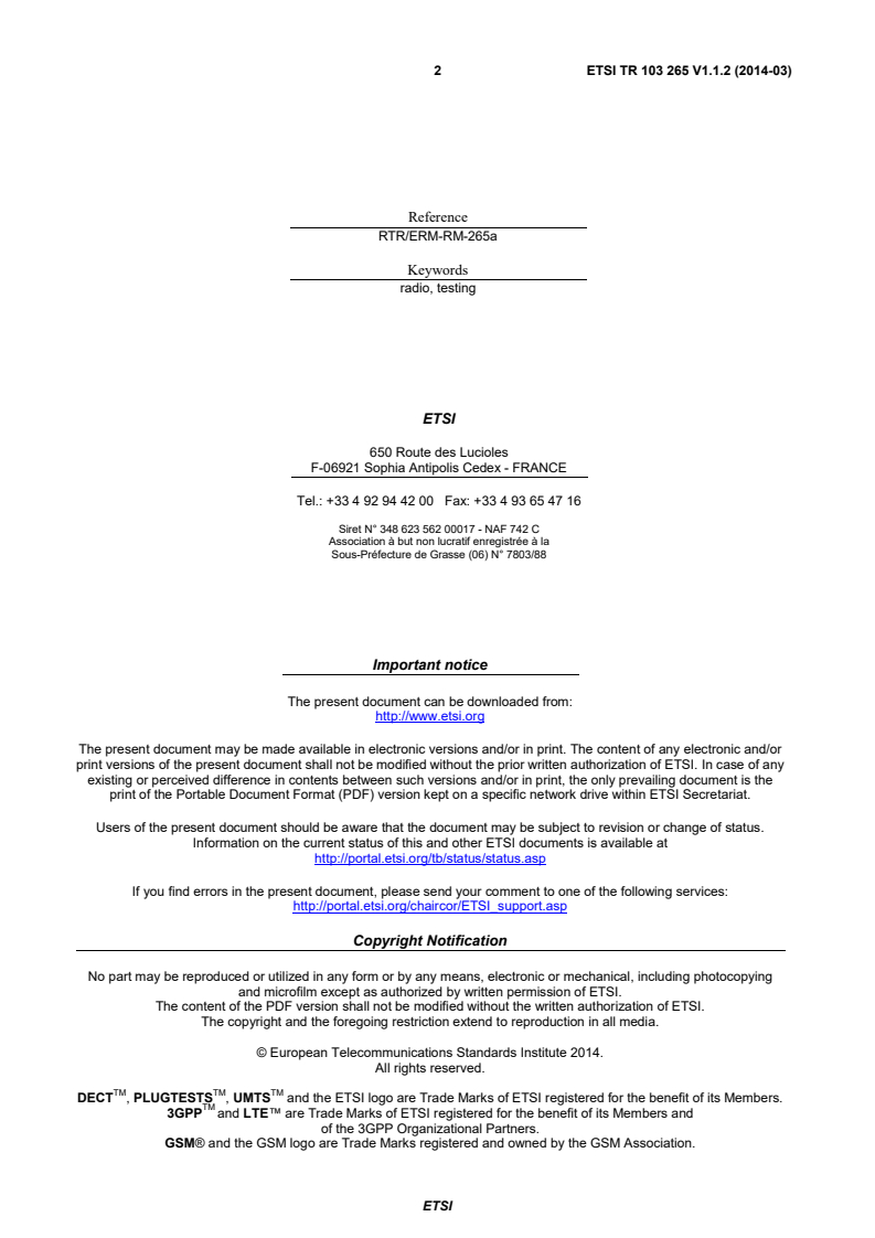 ETSI TR 103 265 V1.1.2 (2014-03) - Electromagnetic compatibility and Radio spectrum Matters (ERM); Definition of radio parameters