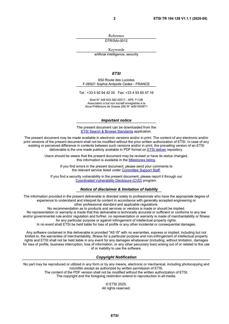 ETSI TR 104 128 V1.1.1 (2025-05) - Securing Artificial Intelligence (SAI); Guide to Cyber Security for AI Models and Systems