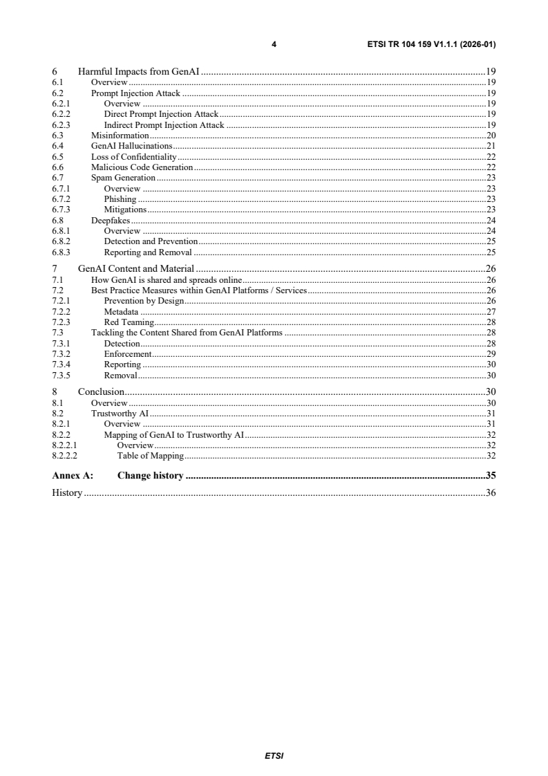 ETSI TR 104 159 V1.1.1 (2026-01) ETSI TR 104 159 V1.1.1 (2026-01) - Securing Artificial Intelligence (SAI); Understanding and Preventing Harm from Generative AI - Page 4 preview