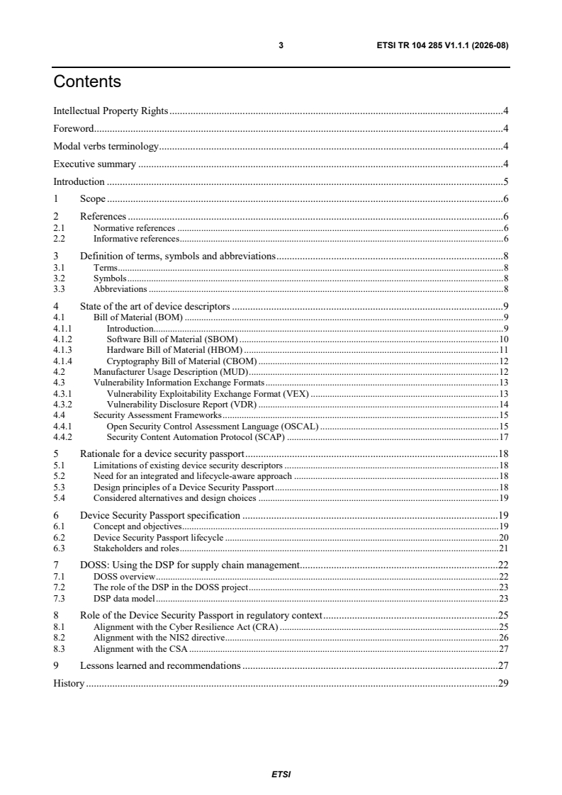 ETSI TR 104 285 V1.1.1 (2026-08) ETSI TR 104 285 V1.1.1 (2026-08) - Methods for Testing & Specification (MTS); Device Security Passport - Page 3 preview