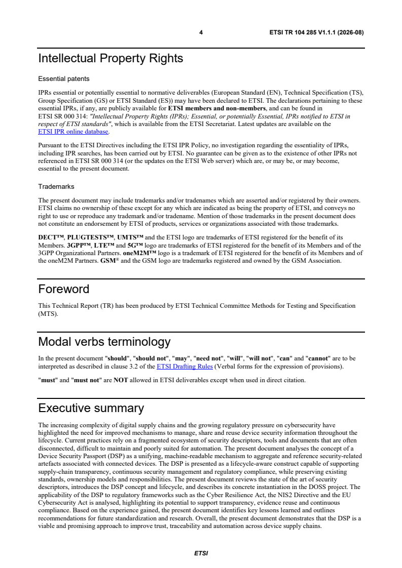 ETSI TR 104 285 V1.1.1 (2026-08) ETSI TR 104 285 V1.1.1 (2026-08) - Methods for Testing & Specification (MTS); Device Security Passport - Page 4 preview