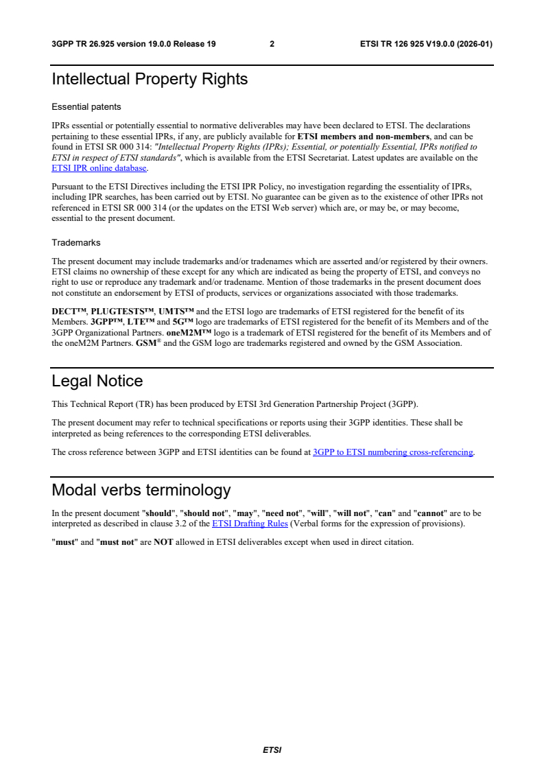 ETSI TR 126 925 V19.0.0 (2026-01) ETSI TR 126 925 V19.0.0 (2026-01) - 5G; Typical traffic characteristics of media services on 3GPP networks (3GPP TR 26.925 version 19.0.0 Release 19) - Page 3 preview