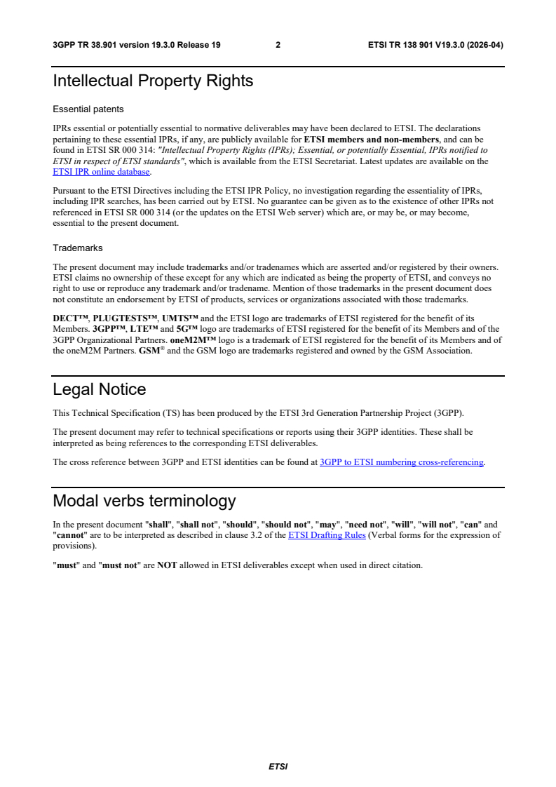 ETSI TR 138 901 V19.3.0 (2026-04) ETSI TR 138 901 V19.3.0 (2026-04) - 5G; Study on channel model for frequencies from 0.5 to 100 GHz (3GPP TR 38.901 version 19.3.0 Release 19) - Page 3 preview