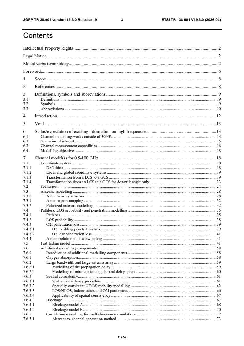 ETSI TR 138 901 V19.3.0 (2026-04) ETSI TR 138 901 V19.3.0 (2026-04) - 5G; Study on channel model for frequencies from 0.5 to 100 GHz (3GPP TR 38.901 version 19.3.0 Release 19) - Page 4 preview