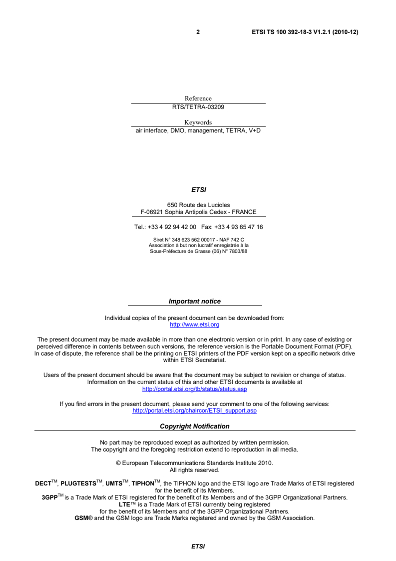 ts_1003921803v010201p - Terrestrial Trunked Radio (TETRA); Voice plus Data (V+D) and Direct Mode Operation (DMO); Part 18: Air interface optimized applications; Sub-part 3: Direct mode Over The Air Management protocol (DOTAM)