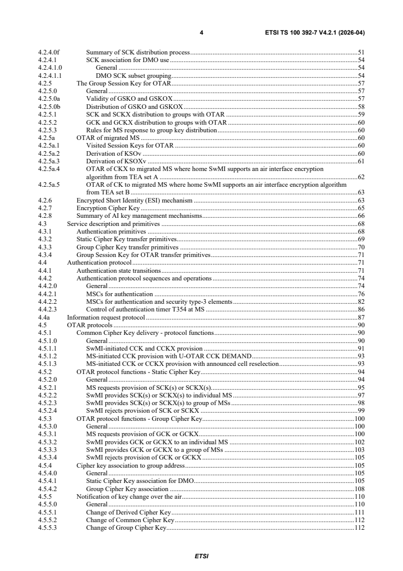 ETSI TS 100 392-7 V4.2.1 (2026-04) ETSI TS 100 392-7 V4.2.1 (2026-04) - Terrestrial Trunked Radio (TETRA); Voice plus Data (V+D); Part 7: Security - Page 4 preview