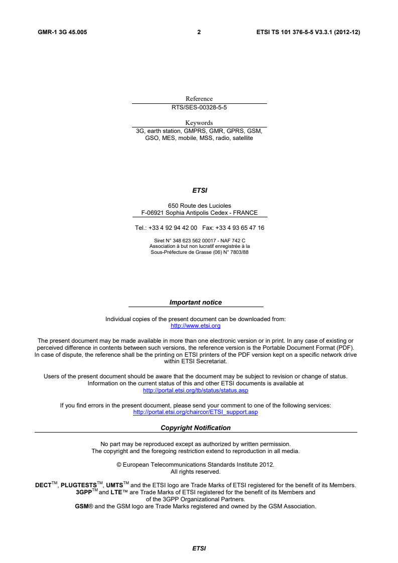 ETSI TS 101 376-5-5 V3.3.1 (2012-12) - GEO-Mobile Radio Interface Specifications (Release 3); Third Generation Satellite Packet Radio Service; Part 5: Radio interface physical layer specifications; Sub-part 5: Radio Transmission and Reception; GMR-1 3G 45.005