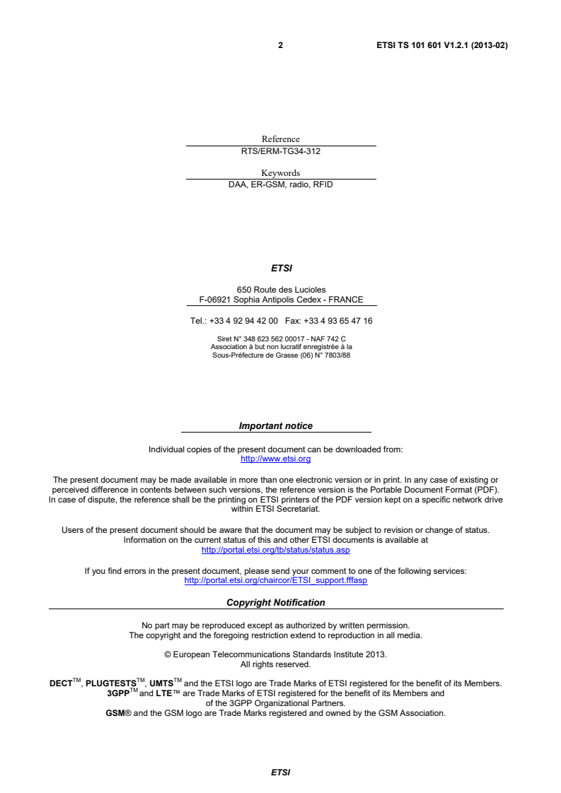 ETSI TS 101 601 V1.2.1 (2013-02) - Electromagnetic compatibility and radio spectrum matters (ERM); The specification and implementation of design changes to interrogators and specification of the test plan for the Preliminary Tests and the Trial; Modification of interrogators and specification of test plans for the Preliminary Tests and Trial