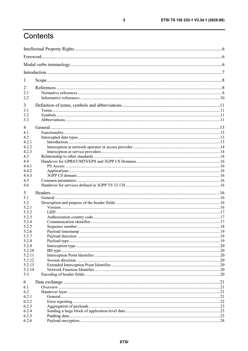 SIST-TS ETSI/TS 102 232-1 V3.34.1:2025 ETSI TS 102 232-1 V3.34.1 (2025-08) - Lawful Interception (LI); Handover Interface and Service-Specific Details (SSD) for IP delivery; Part 1: Handover specification for IP delivery - Page 3 preview