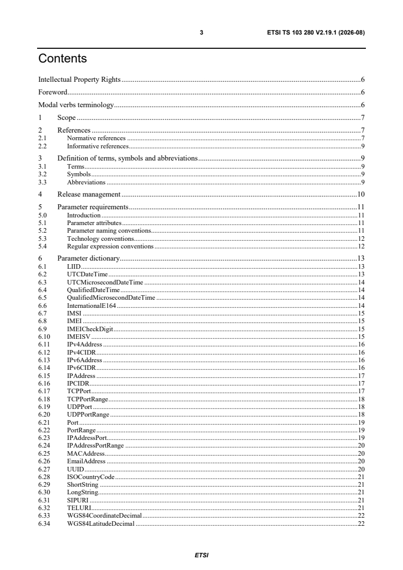 SIST-TS ETSI/TS 103 280 V2.19.1:2026 ETSI TS 103 280 V2.19.1 (2026-08) - Lawful Interception (LI); Dictionary for common parameters - Page 3 preview