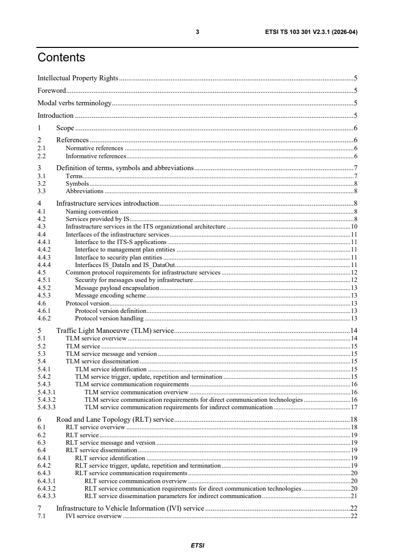 ETSI TS 103 301 V2.3.1 (2026-04) ETSI TS 103 301 V2.3.1 (2026-04) - Intelligent Transport Systems (ITS); Facilities Layer; Infrastructure Services; Release 2 - Page 3 preview