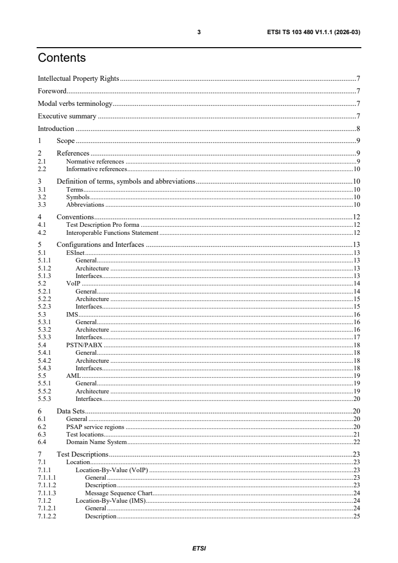 ETSI TS 103 480 V1.1.1 (2026-03) ETSI TS 103 480 V1.1.1 (2026-03) - Emergency Communications (EMTEL); Interoperability testing of core elements for network independent access to emergency services - Page 3 preview