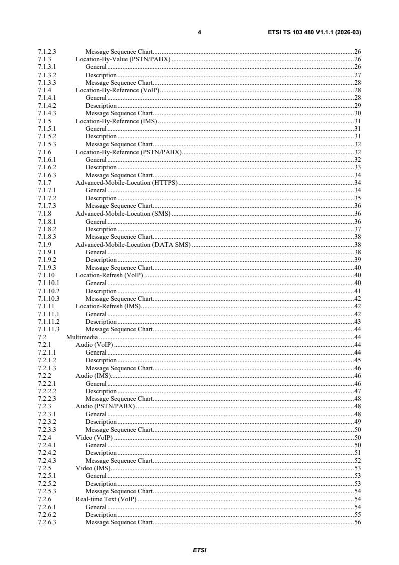 ETSI TS 103 480 V1.1.1 (2026-03) ETSI TS 103 480 V1.1.1 (2026-03) - Emergency Communications (EMTEL); Interoperability testing of core elements for network independent access to emergency services - Page 4 preview
