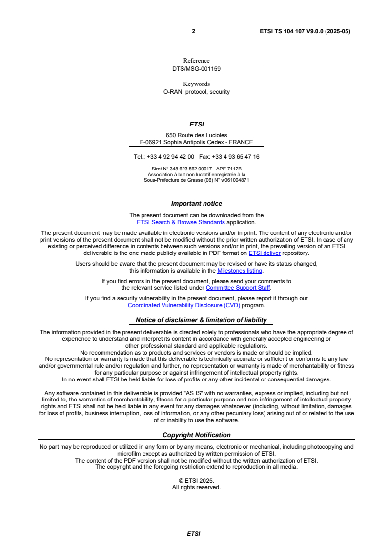ETSI TS 104 107 V9.0.0 (2025-05) ETSI TS 104 107 V9.0.0 (2025-05) - Publicly Available Specification (PAS); O-RAN Security Protocols Specifications (O-RAN.WG11.Security-Protocols-Specification.O-R003-v09.00)