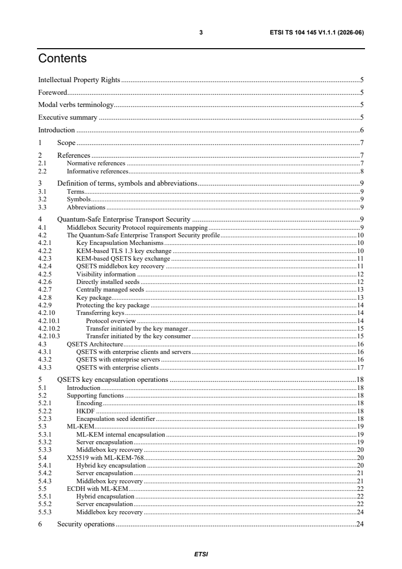 ETSI TS 104 145 V1.1.1 (2026-06) ETSI TS 104 145 V1.1.1 (2026-06) - Cyber Security (CYBER); Quantum-Safe Cryptography (QSC); Quantum-Safe Enterprise Transport Security (QSETS) - Page 3 preview