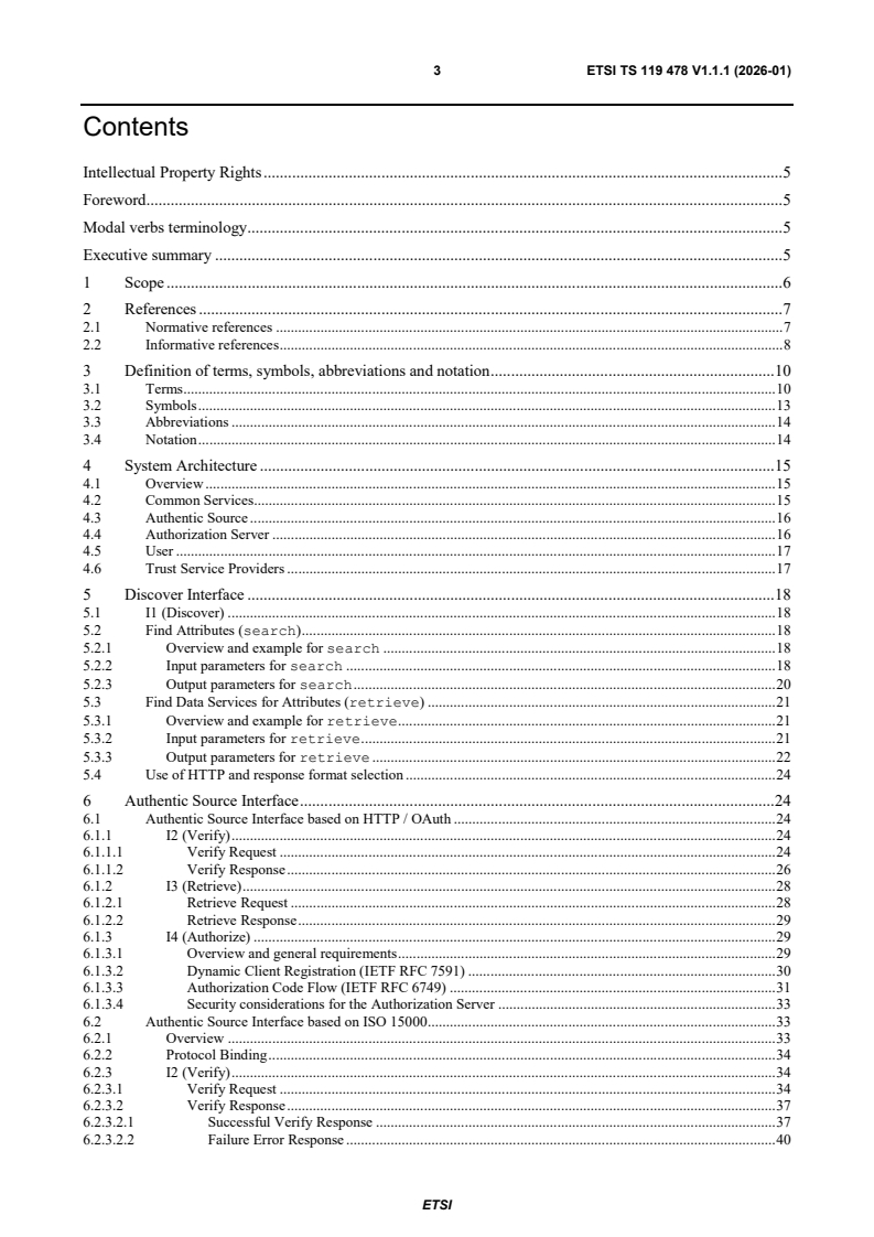 ETSI TS 119 478 V1.1.1 (2026-01) ETSI TS 119 478 V1.1.1 (2026-01) - Electronic Signatures and Trust Infrastructures (ESI); Specification of interfaces related to Authentic Sources - Page 3 preview