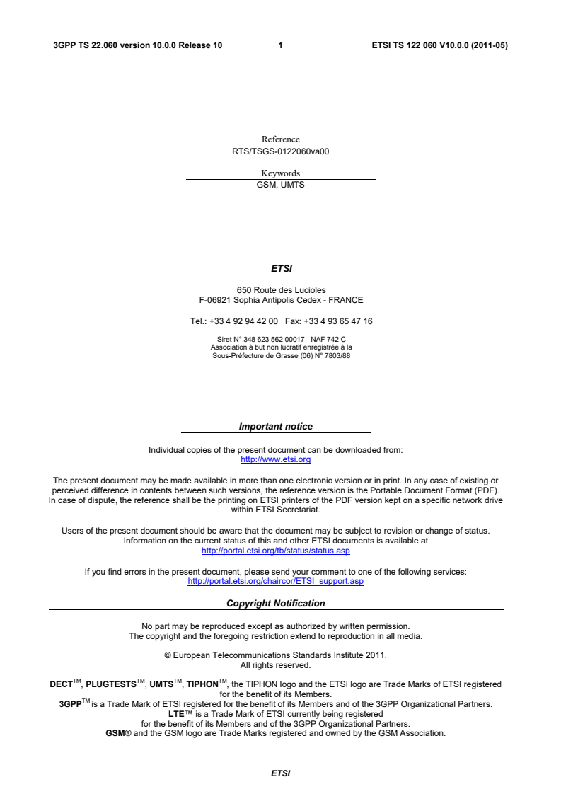 ts_122060v100000p - Digital cellular telecommunications system (Phase 2+); Universal Mobile Telecommunications System (UMTS); General Packet Radio Service (GPRS); Service description; Stage 1 (3GPP TS 22.060 version 10.0.0 Release 10)