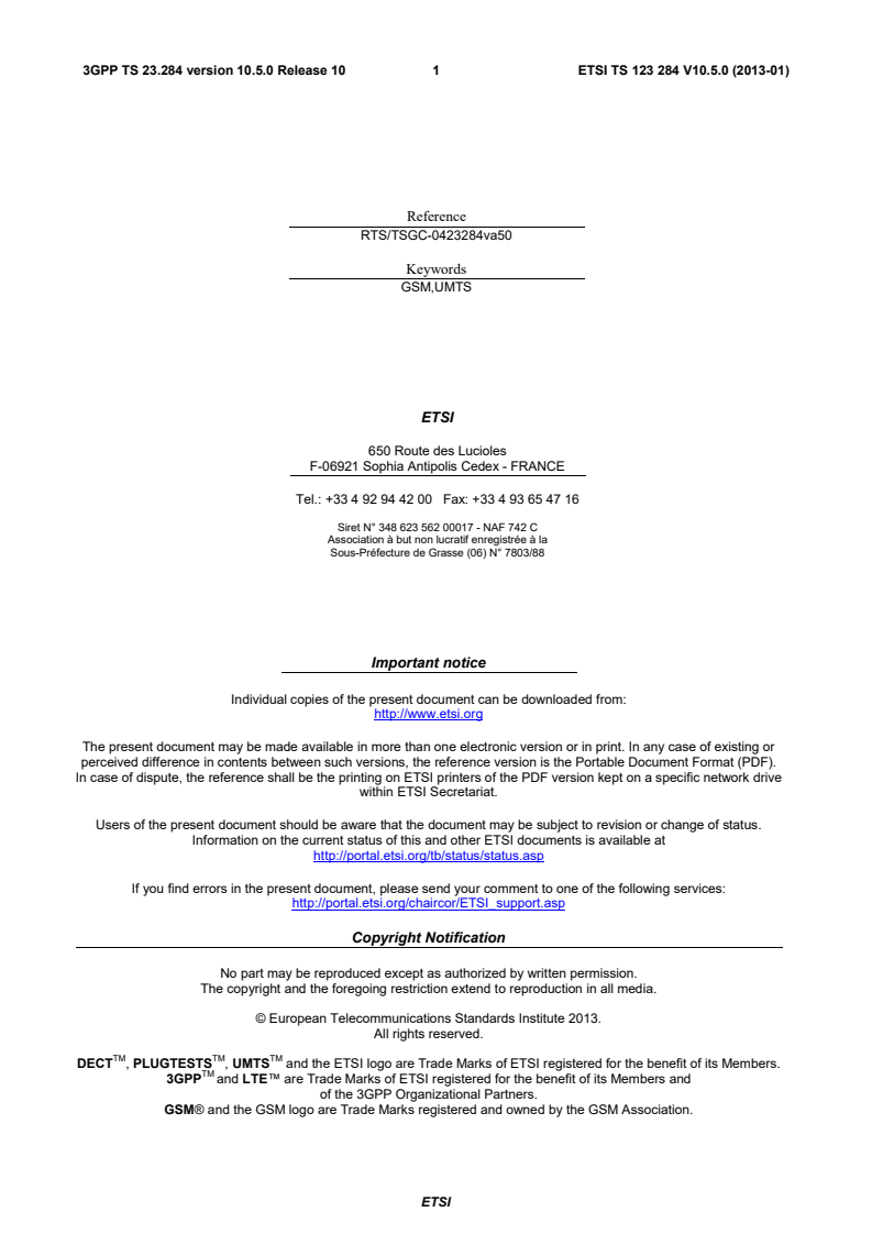 ETSI TS 123 284 V10.5.0 (2013-01) - Digital cellular telecommunications system (Phase 2+); Universal Mobile Telecommunications System (UMTS); Local Call Local Switch (LCLS); Stage 2 (3GPP TS 23.284 version 10.5.0 Release 10)