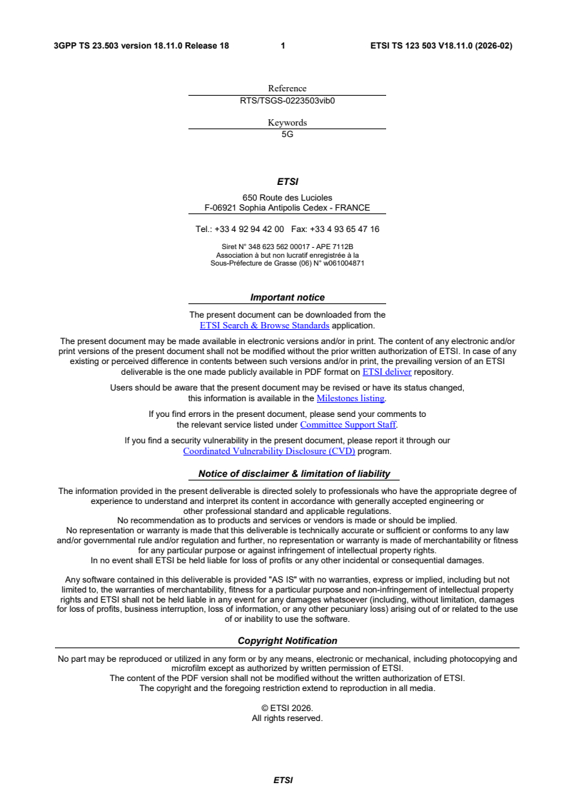 ETSI TS 123 503 V18.11.0 (2026-02) ETSI TS 123 503 V18.11.0 (2026-02) - 5G; Policy and charging control framework for the 5G System (5GS); Stage 2 (3GPP TS 23.503 version 18.11.0 Release 18) - Page 2 preview