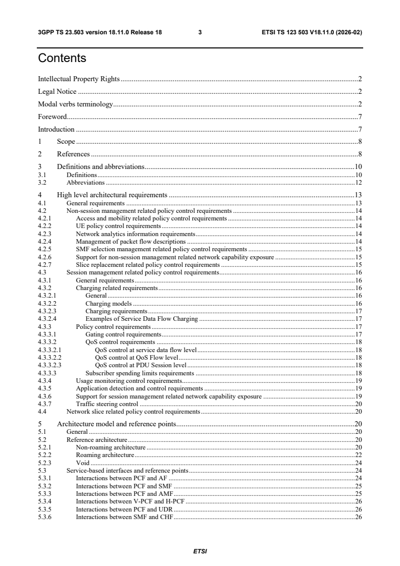 ETSI TS 123 503 V18.11.0 (2026-02) ETSI TS 123 503 V18.11.0 (2026-02) - 5G; Policy and charging control framework for the 5G System (5GS); Stage 2 (3GPP TS 23.503 version 18.11.0 Release 18) - Page 4 preview