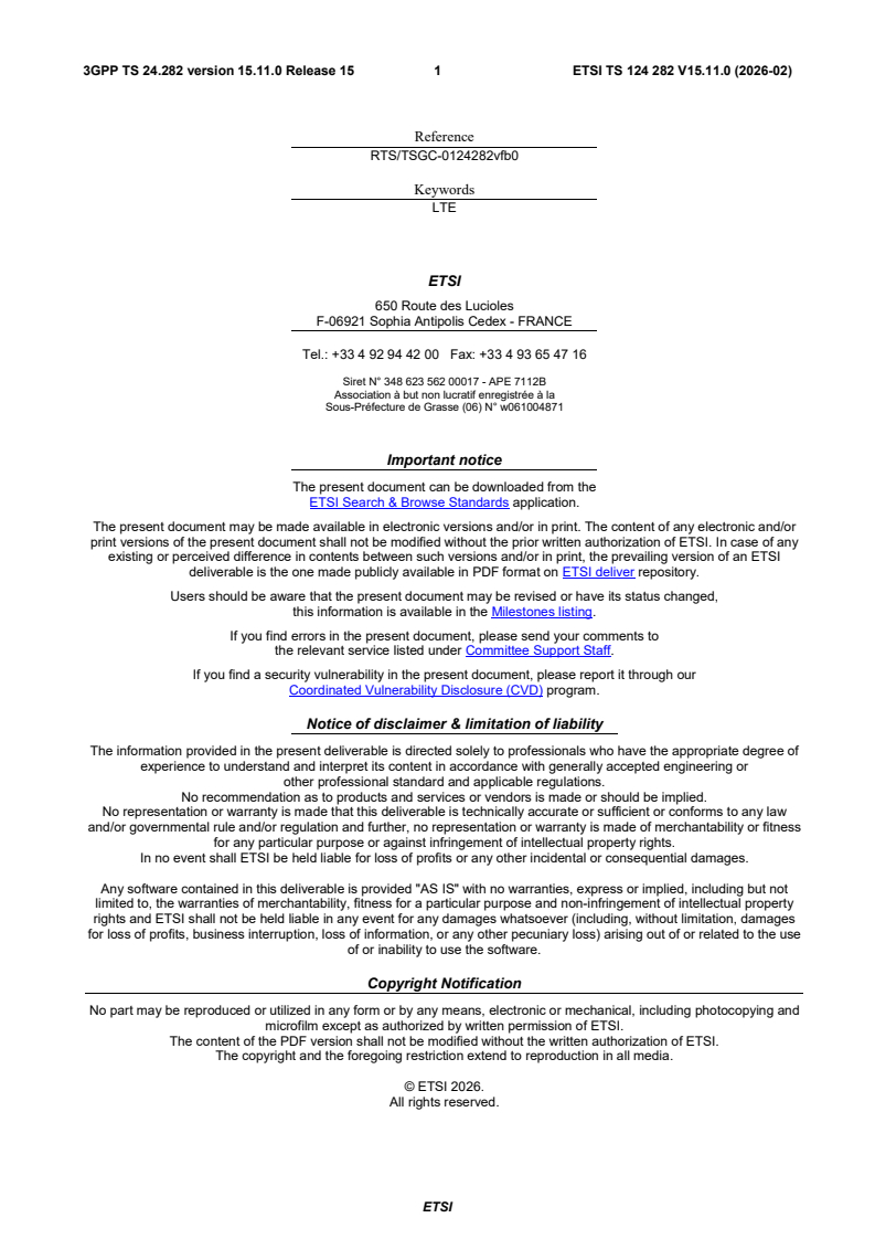 ETSI TS 124 282 V15.11.0 (2026-02) ETSI TS 124 282 V15.11.0 (2026-02) - LTE; Mission Critical Data (MCData) signalling control; Protocol specification (3GPP TS 24.282 version 15.11.0 Release 15) - Page 2 preview