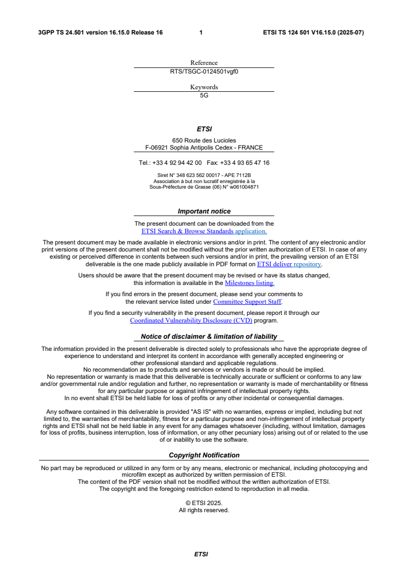 ETSI TS 124 501 V16.15.0 (2025-07) - 5G; Non-Access-Stratum (NAS) protocol for 5G System (5GS); Stage 3 (3GPP TS 24.501 version 16.15.0 Release 16)