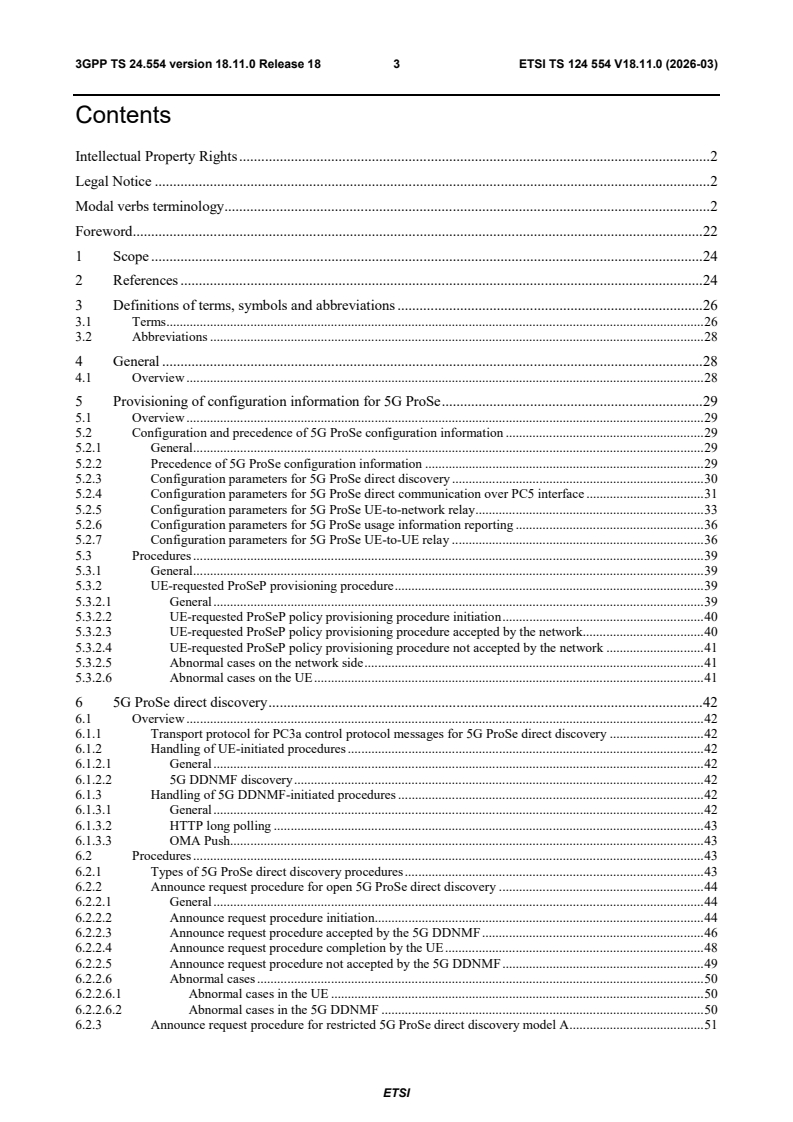 ETSI TS 124 554 V18.11.0 (2026-03) ETSI TS 124 554 V18.11.0 (2026-03) - 5G; Proximity-services (ProSe) in 5G System (5GS) protocol aspects; Stage 3 (3GPP TS 24.554 version 18.11.0 Release 18) - Page 4 preview