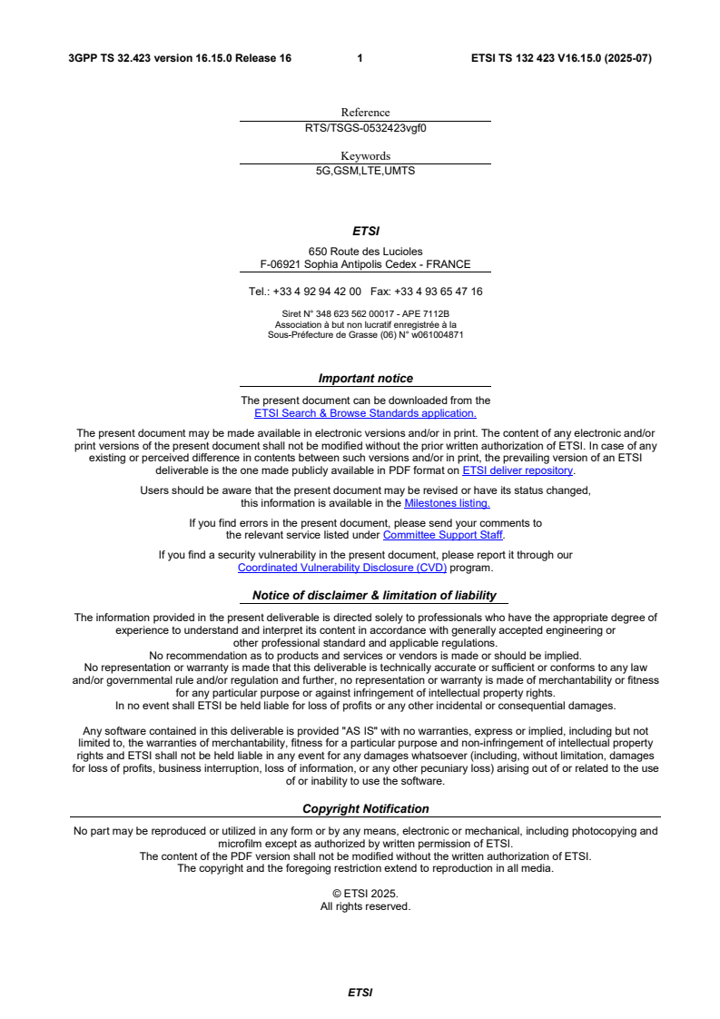 ETSI TS 132 423 V16.15.0 (2025-07) - Digital cellular telecommunications system (Phase 2+) (GSM); Universal Mobile Telecommunications System (UMTS); LTE; 5G; Telecommunication management; Subscriber and equipment trace; Trace data definition and management (3GPP TS 32.423 version 16.15.0 Release 16)