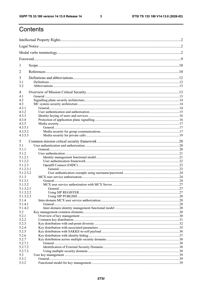 ETSI TS 133 180 V14.13.0 (2026-02) ETSI TS 133 180 V14.13.0 (2026-02) - LTE; Security of the Mission Critical (MC) service (3GPP TS 33.180 version 14.13.0 Release 14) - Page 4 preview