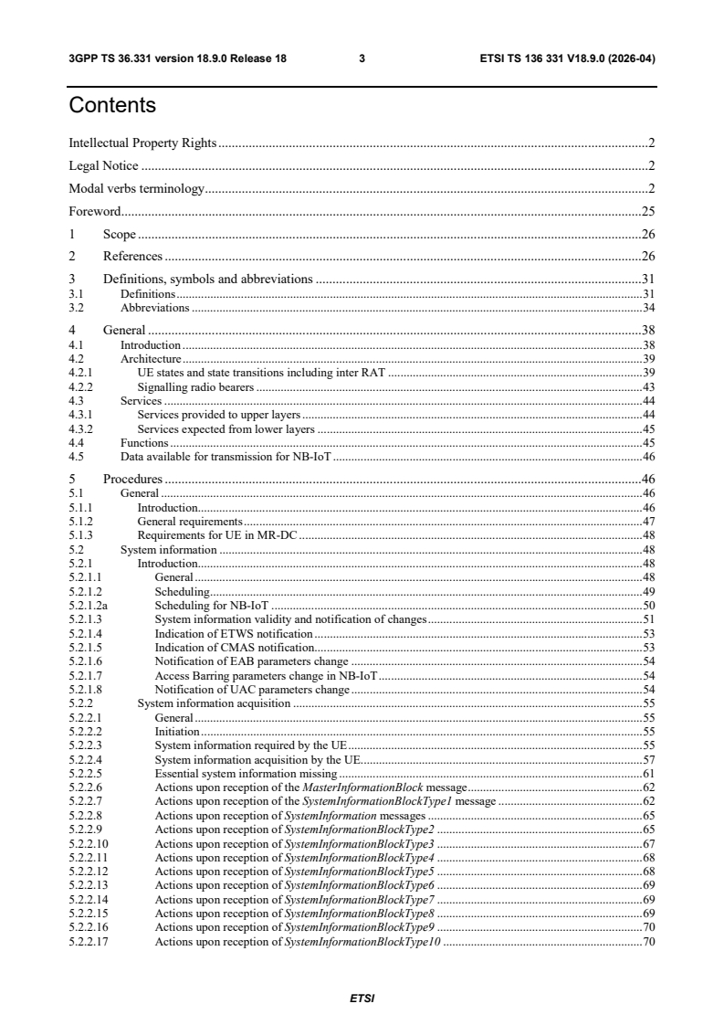 ETSI TS 136 331 V18.9.0 (2026-04) ETSI TS 136 331 V18.9.0 (2026-04) - LTE; Evolved Universal Terrestrial Radio Access (E-UTRA); Radio Resource Control (RRC); Protocol specification (3GPP TS 36.331 version 18.9.0 Release 18) - Page 4 preview