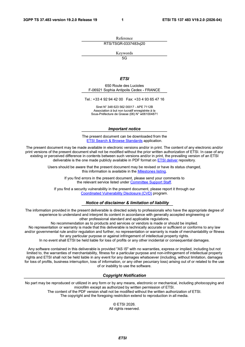 ETSI TS 137 483 V19.2.0 (2026-03) ETSI TS 137 483 V19.2.0 (2026-04) - 5G; E1 Application Protocol (E1AP) (3GPP TS 37.483 version 19.2.0 Release 19) - Page 2 preview