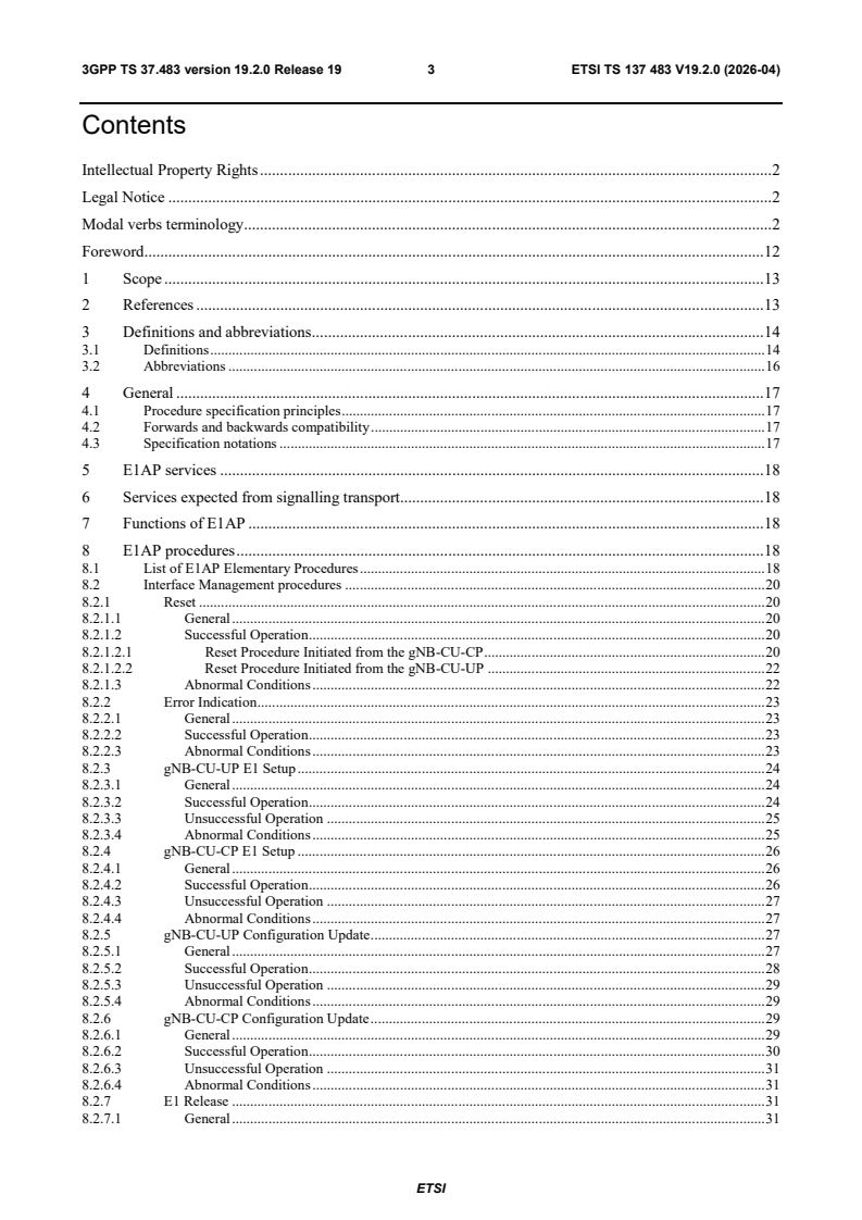 ETSI TS 137 483 V19.2.0 (2026-03) ETSI TS 137 483 V19.2.0 (2026-04) - 5G; E1 Application Protocol (E1AP) (3GPP TS 37.483 version 19.2.0 Release 19) - Page 4 preview