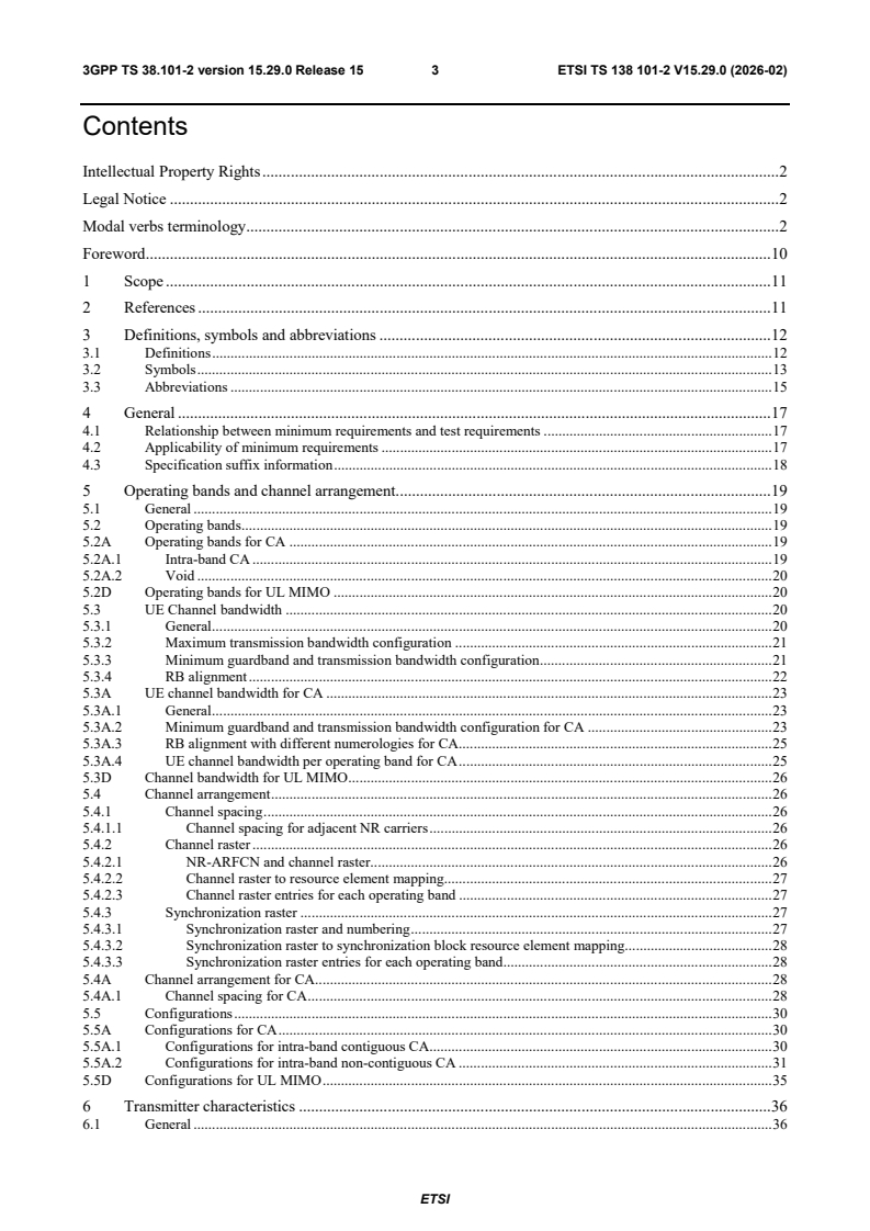 ETSI TS 138 101-2 V15.29.0 (2026-02) ETSI TS 138 101-2 V15.29.0 (2026-02) - 5G; NR; User Equipment (UE) radio transmission and reception; Part 2: Range 2 Standalone (3GPP TS 38.101-2 version 15.29.0 Release 15) - Page 4 preview