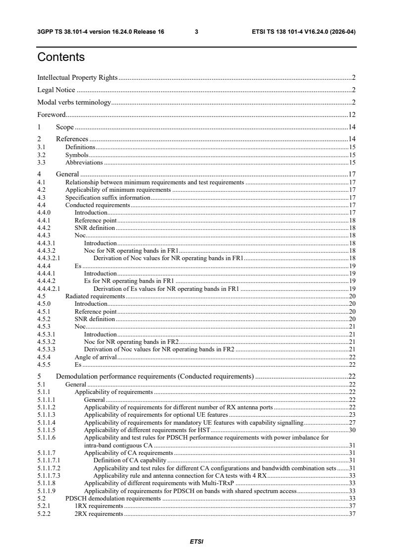 ETSI TS 138 101-4 V16.24.0 (2026-04) ETSI TS 138 101-4 V16.24.0 (2026-04) - 5G; NR; User Equipment (UE) radio transmission and reception; Part 4: Performance requirements (3GPP TS 38.101-4 version 16.24.0 Release 16) - Page 4 preview