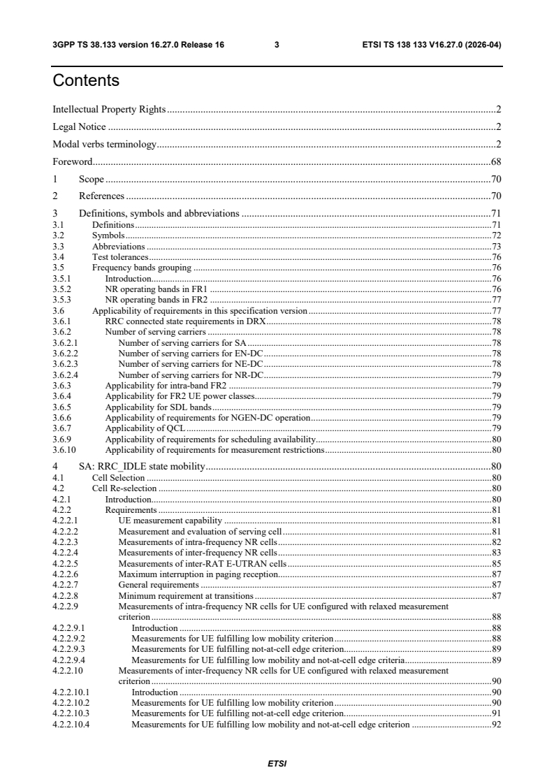 ETSI TS 138 133 V16.27.0 (2026-04) ETSI TS 138 133 V16.27.0 (2026-04) - 5G; NR; Requirements for support of radio resource management (3GPP TS 38.133 version 16.27.0 Release 16) - Page 4 preview