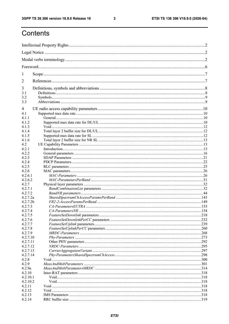 ETSI TS 138 306 V18.9.0 (2026-04) ETSI TS 138 306 V18.9.0 (2026-04) - 5G; NR; User Equipment (UE) radio access capabilities (3GPP TS 38.306 version 18.9.0 Release 18) - Page 4 preview