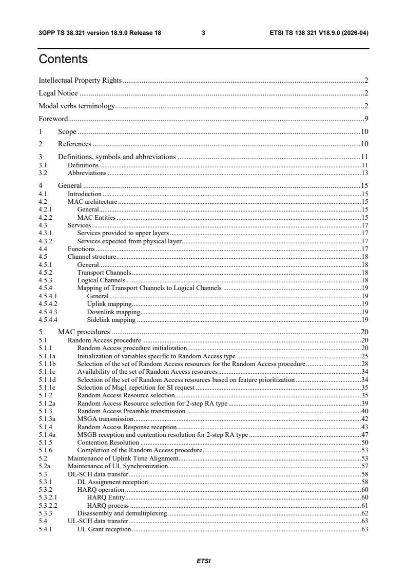 ETSI TS 138 321 V18.9.0 (2026-04) ETSI TS 138 321 V18.9.0 (2026-04) - 5G; NR; Medium Access Control (MAC) protocol specification (3GPP TS 38.321 version 18.9.0 Release 18) - Page 4 preview