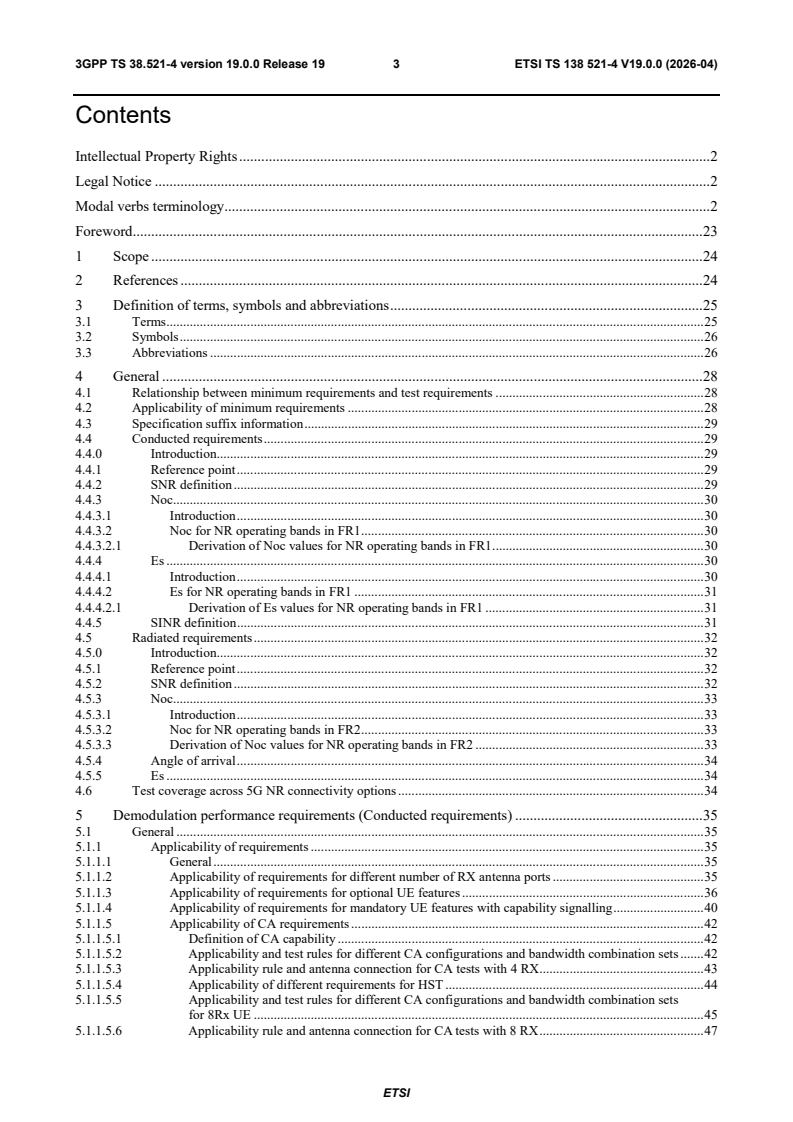 ETSI TS 138 521-4 V19.0.0 (2026-03) ETSI TS 138 521-4 V19.0.0 (2026-04) - 5G; NR; User Equipment (UE) conformance specification; Radio transmission and reception; Part 4: Performance (3GPP TS 38.521-4 version 19.0.0 Release 19) - Page 4 preview