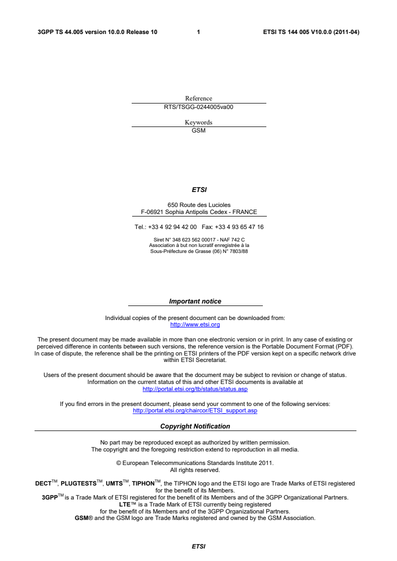 ts_144005v100000p - Digital cellular telecommunications system (Phase 2+); Data Link (DL) Layer General Aspects (3GPP TS 44.005 version 10.0.0 Release 10)