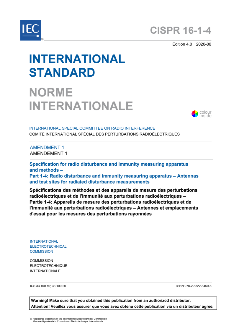 CISPR 16-1-4:2019/AMD1:2020 CISPR 16-1-4:2019/AMD1:2020 - Amendment 1 - Specification for radio disturbance and immunity measuring apparatus and methods - Part 1-4: Radio disturbance and immunity measuring apparatus - Antennas and test sites for radiated disturbance measurements
Released:6/15/2020 - Page 3 preview
