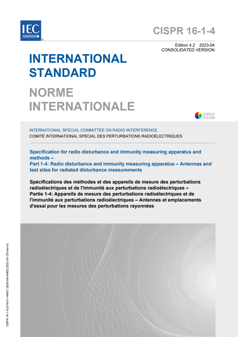 CISPR 16-1-4:2019 CISPR 16-1-4:2019+AMD1:2020+AMD2:2023 CSV - Specification for radio disturbance and immunity measuring apparatus and methods - Part 1-4: Radio disturbance and immunity measuring apparatus - Antennas and test sites for radiated disturbance measurements
Released:4/13/2023 - Page 1 preview