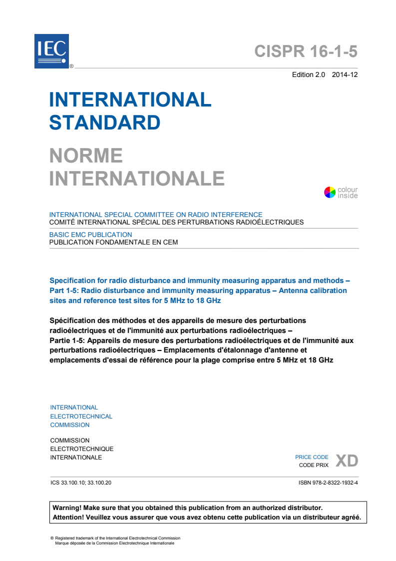 CISPR 16-1-5:2014 CISPR 16-1-5:2014 - Specification for radio disturbance and immunity measuring apparatus and methods - Part 1-5: Radio disturbance and immunity measuring apparatus - Antenna calibration sites and reference test sites for 5 MHz to 18 GHz
Released:12/17/2014 - Page 3 preview