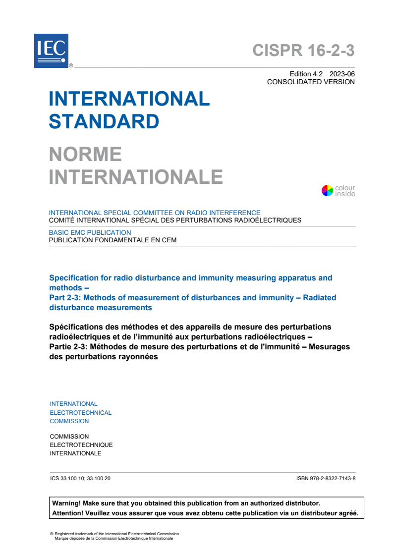 CISPR 16-2-3:2016 CISPR 16-2-3:2016+AMD1:2019+AMD2:2023 CSV - Specification for radio disturbance and immunity measuring apparatus and methods - Part 2-3: Methods of measurement of disturbances and immunity - Radiated disturbance measurements
Released:6/14/2023 - Page 3 preview