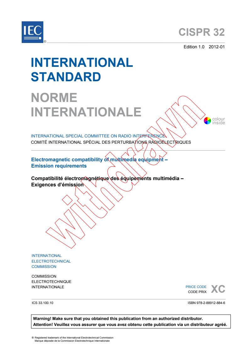 CISPR 32:2012 CISPR 32:2012 - Electromagnetic compatibility of multimedia equipment - Emission requirements
Released:1/30/2012 - Page 3 preview